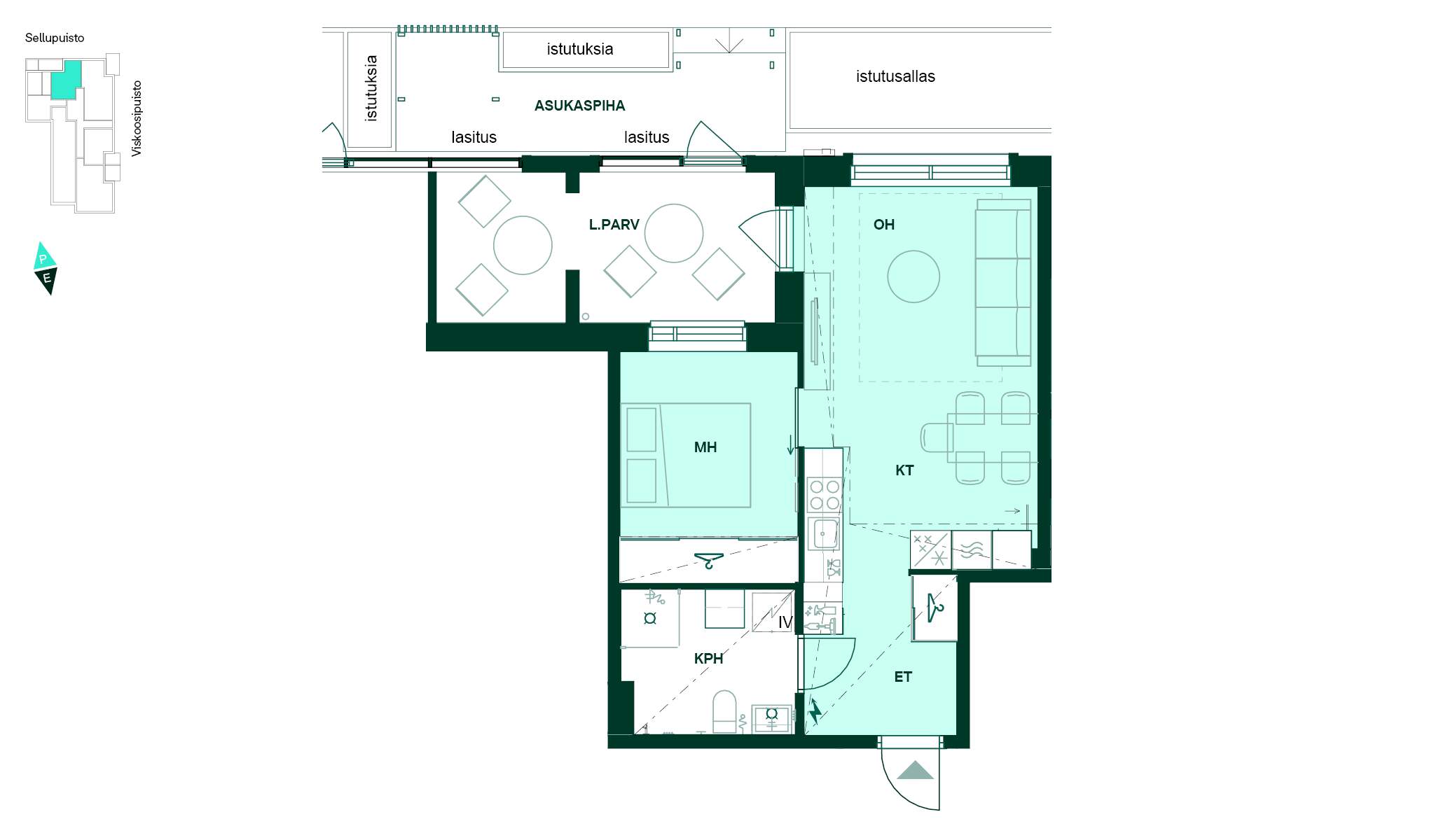 2h+kt, 44,0 m². Kaksio, jossa suuri lasitettu parveke ja asukaspiha. Pohjapiirros - Pohjakuva 44 m² kaksiosta, jossa on keittotila, olohuone, makuuhuone ja kylpyhuone sekä oma piha.