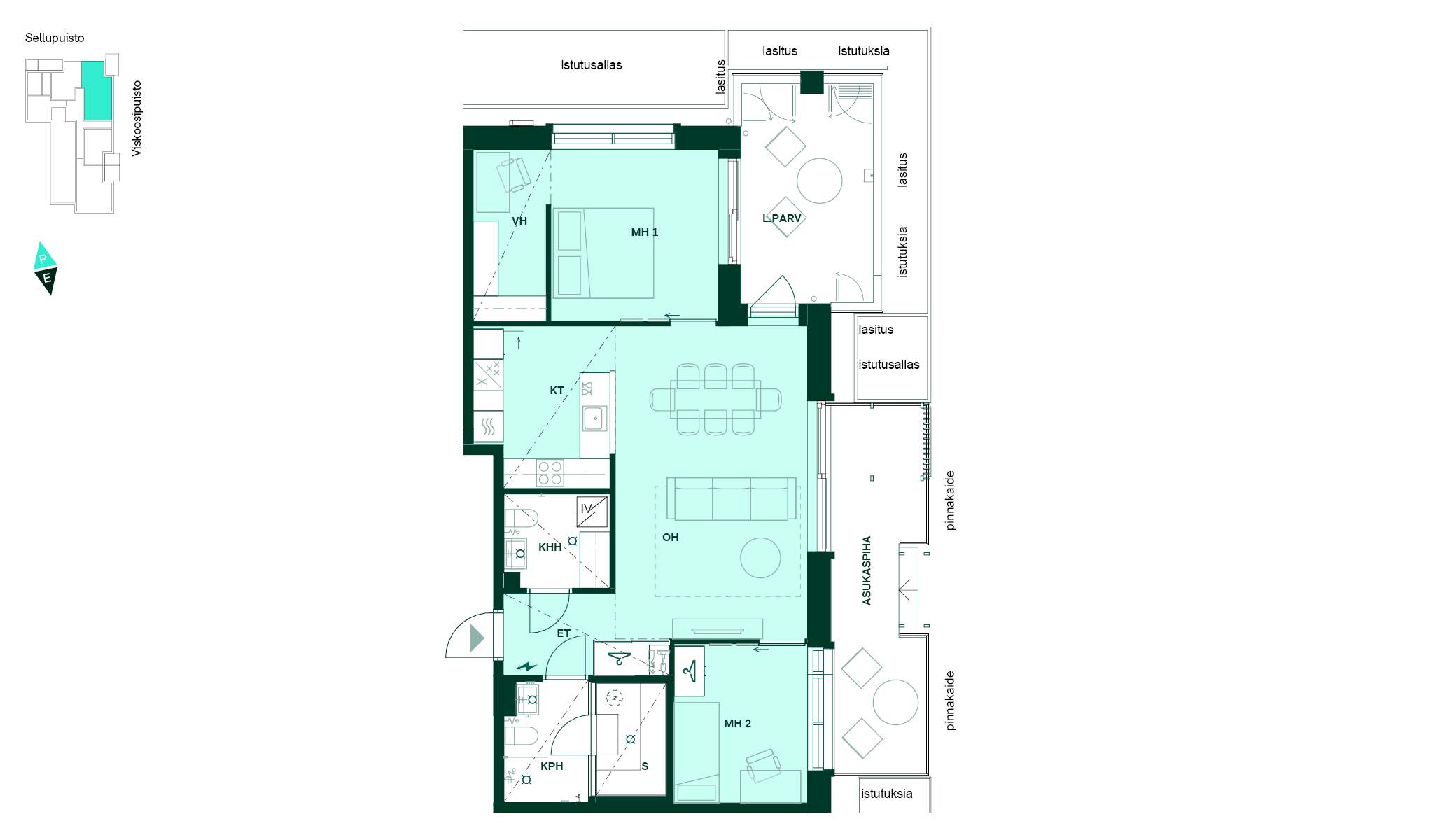3h+kt+khh+s, 77,5 m². Kolmio, jossa sauna, kodinhoitohuone, lasitettu parveke ja oma piha. Pohjakuva 77,5 m² kolmiosta, jossa on keittotila, olohuone, kaksi makuuhuonetta, kylpyhuone, kodinhoitohuone, sauna ja vaatehuone sekä lasitettu parveke ja oma piha.