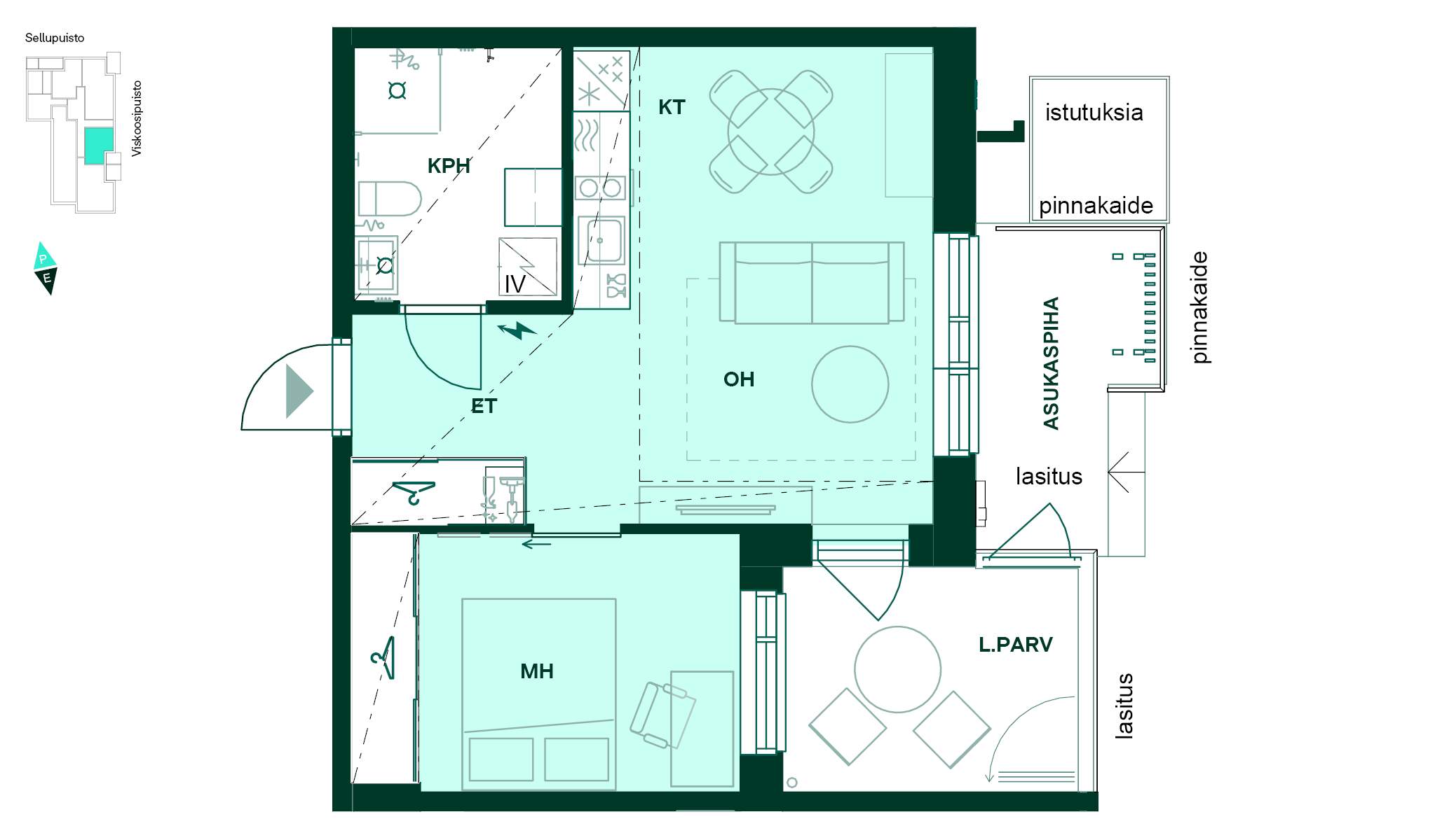 Pohjakuva 41,5 m² kaksiosta, jossa on keittotila, olohuone, makuuhuone ja kylpyhuone sekä lasitettu parveke ja asukaspiha.