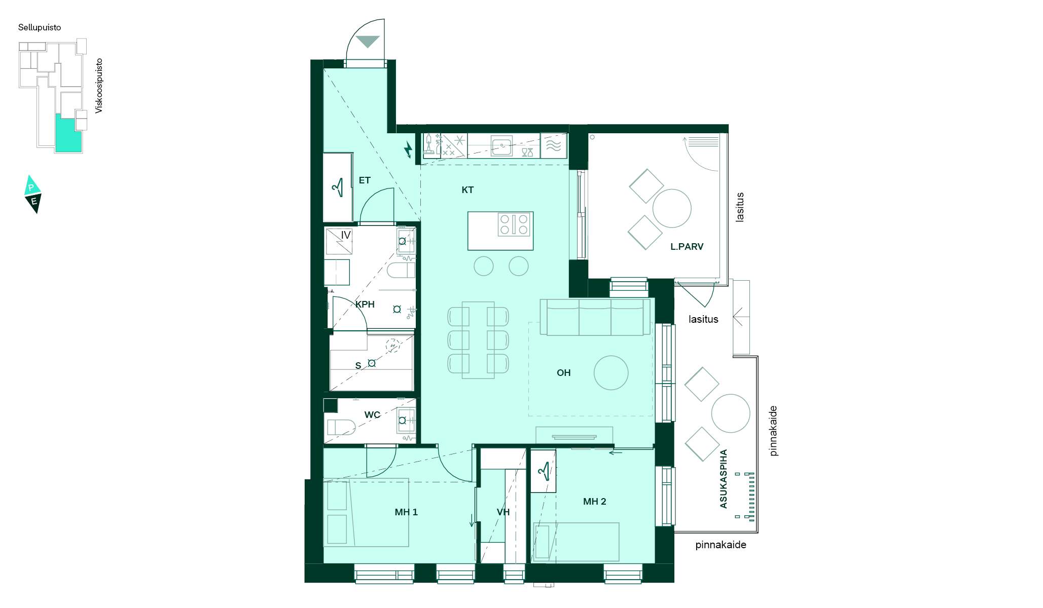 Pohjakuva 73,5 m² kolmiosta, jossa on keittotila, olohuone, kaksi makuuhuonetta, kylpyhuone, erillinen wc, sauna ja vaatehuone sekä parveke ja asukaspiha.