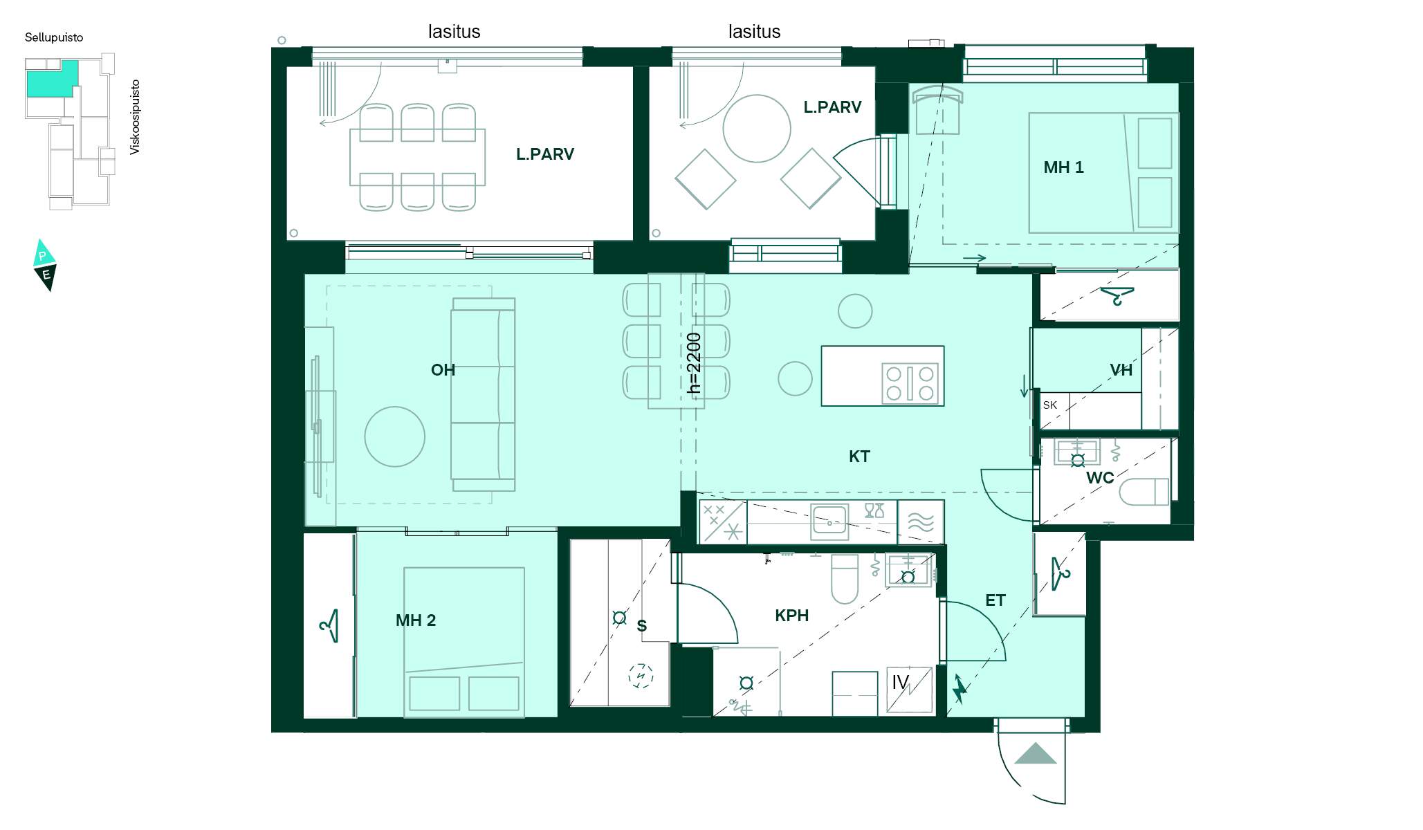 3h+kt+s, 75,0 m². Kolmio, jossa sauna ja kaksi lasitettua parveketta. Pohjakuva 75 m² kolmiosta, jossa on keittotila, olohuone, kaksi makuuhuonetta, kylpyhuone, erillinen wc ja vaatehuone sekä kaksi lasitettua parveketta.