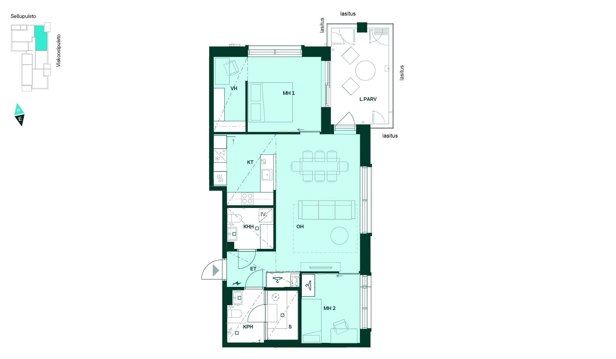 Pohjakuva 77 m² kolmiosta, jossa on keittotila, olohuone, kaksi makuuhuonetta, kylpyhuone, kodinhoitohuone, sauna ja vaatehuone sekä lasitettu parveke.