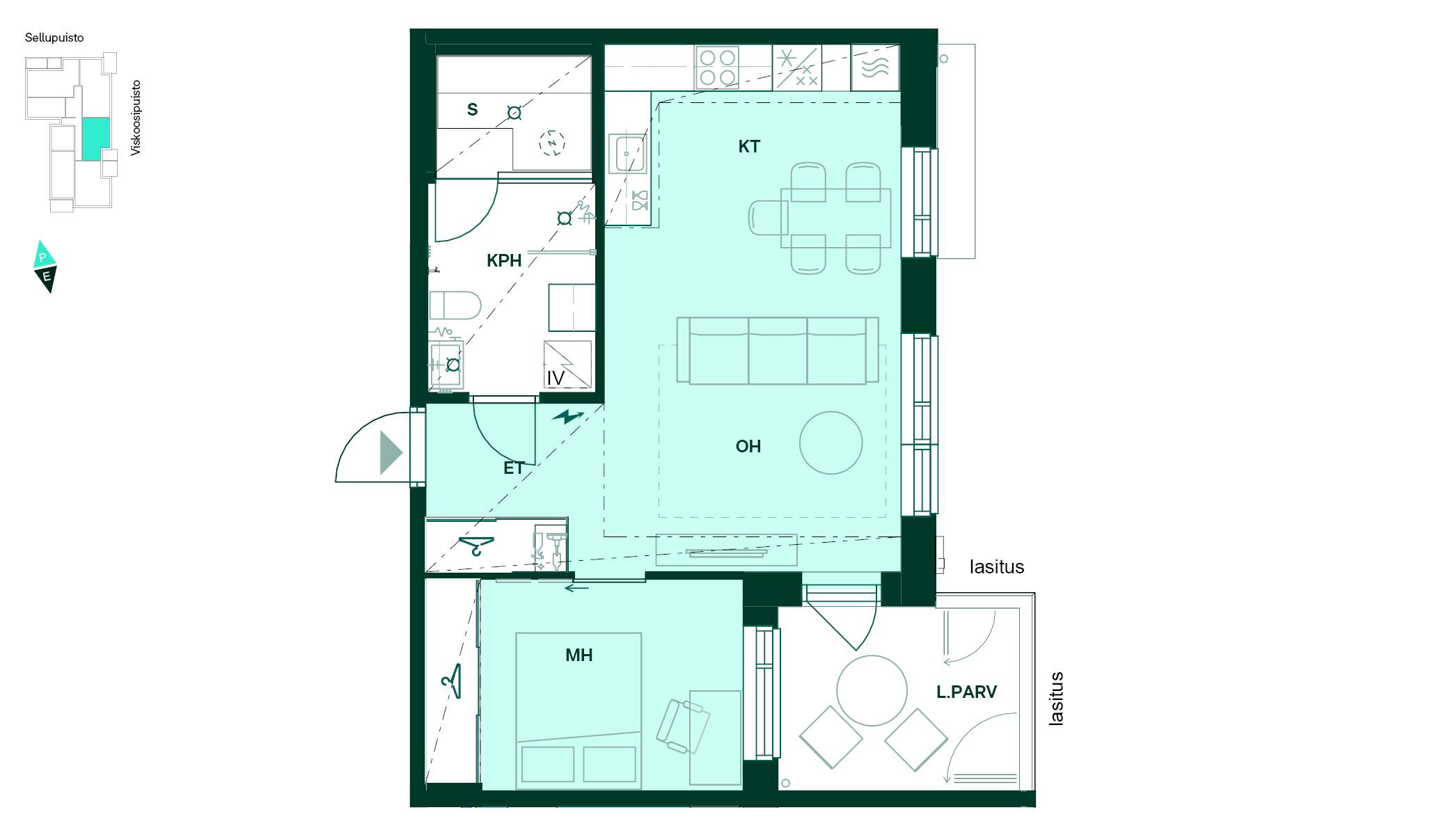2h+kt+s, 52,5 m². Kaksio, jossa sauna ja lasitettu parveke. Pohjakuva 52,5 m² kaksiosta, jossa on keittotila, olohuone, makuuhuone, kylpyhuone, sauna ja eteinen sekä lasitettu parveke.