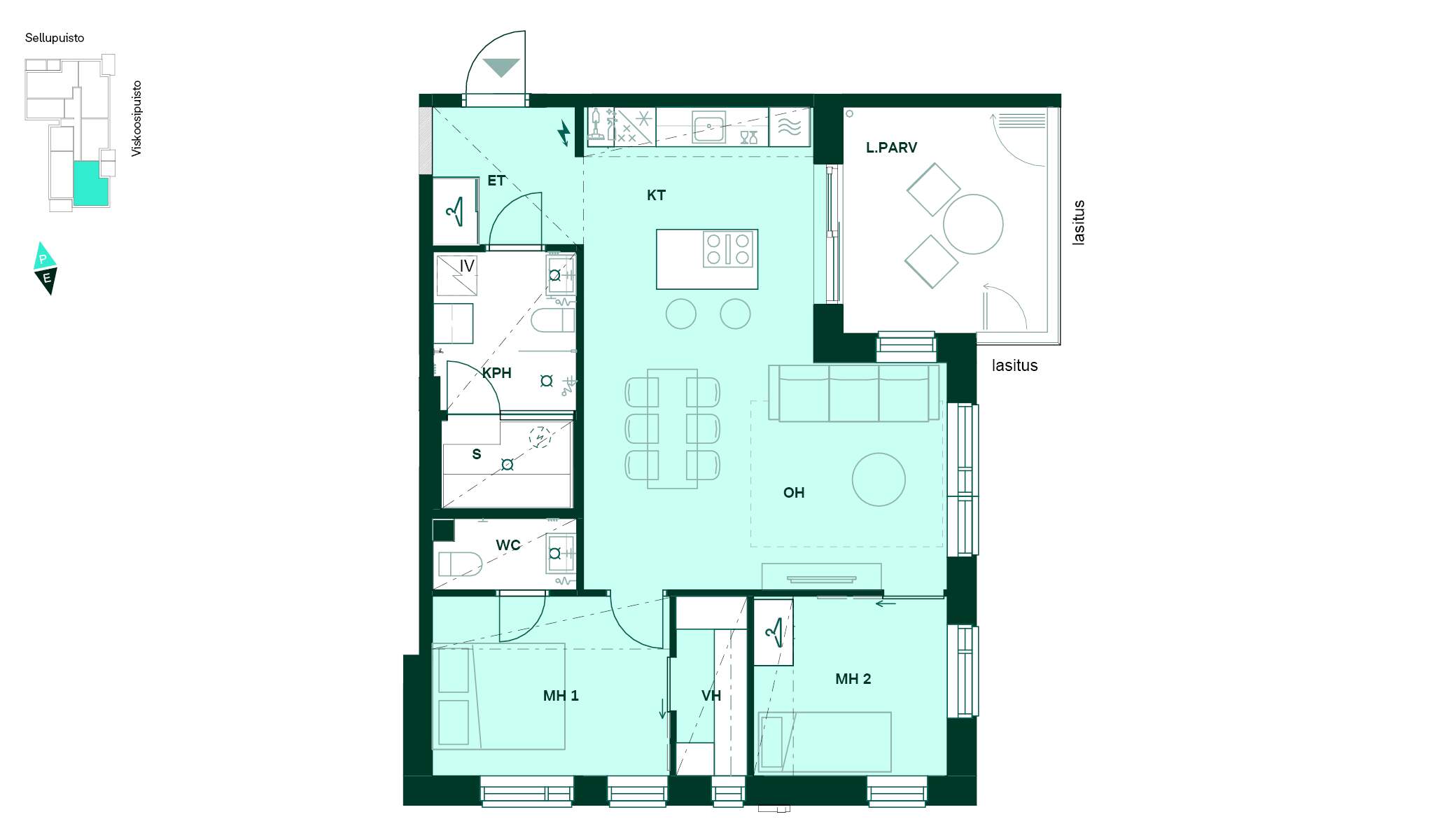 Pohjakuva 71 m² kolmiosta, jossa on keittotila, olohuone, kaksi makuuhuonetta, kylpyhuone, erillinen wc, sauna ja vaatehuone sekä lasitettu parveke.
