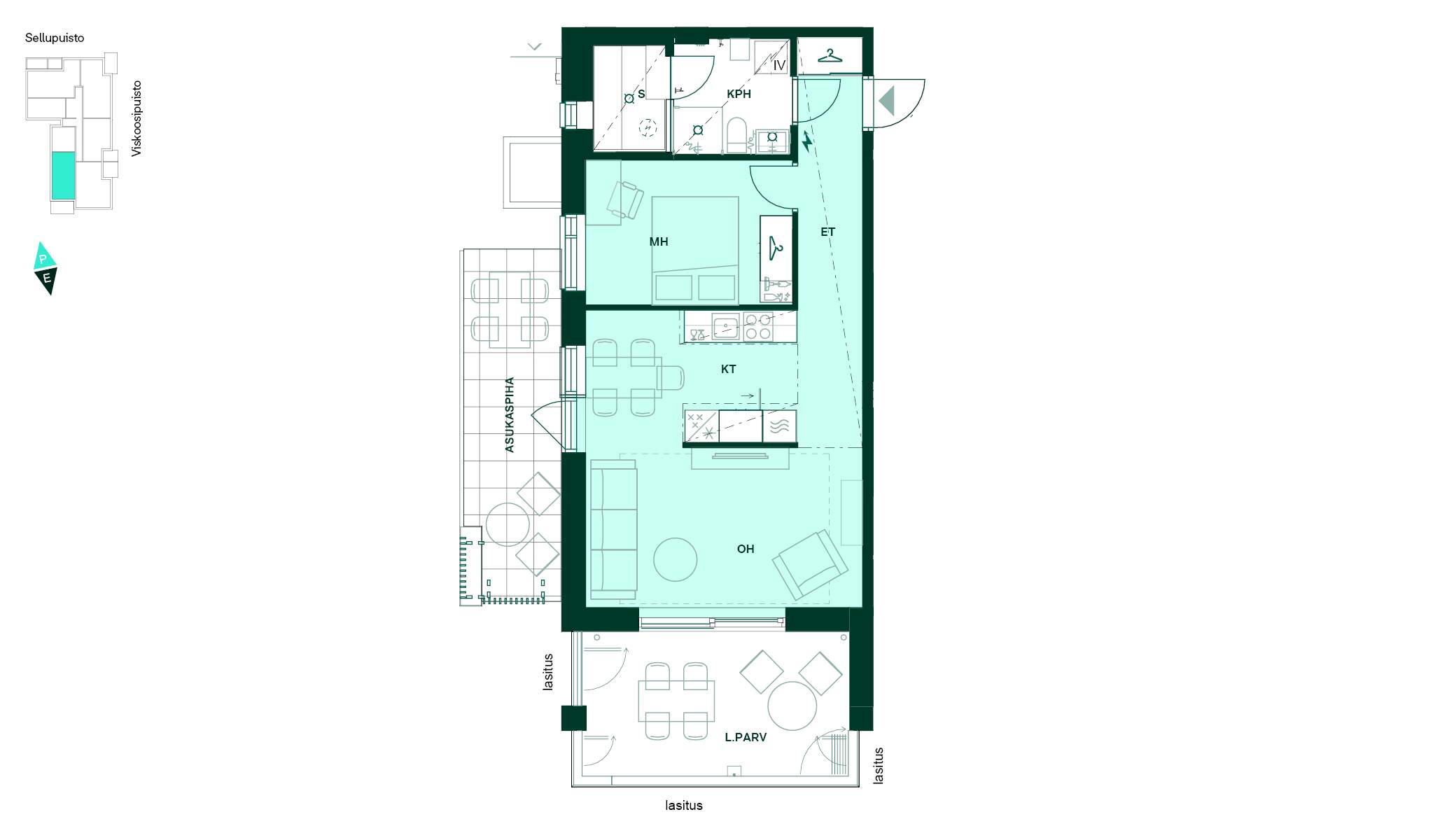 Pohjakuva 54,5 m² kaksiosta, jossa on keittotila, olohuone, makuuhuone, kylpyhuone, sauna ja eteinen sekä lasitettu parveke ja asukaspiha.