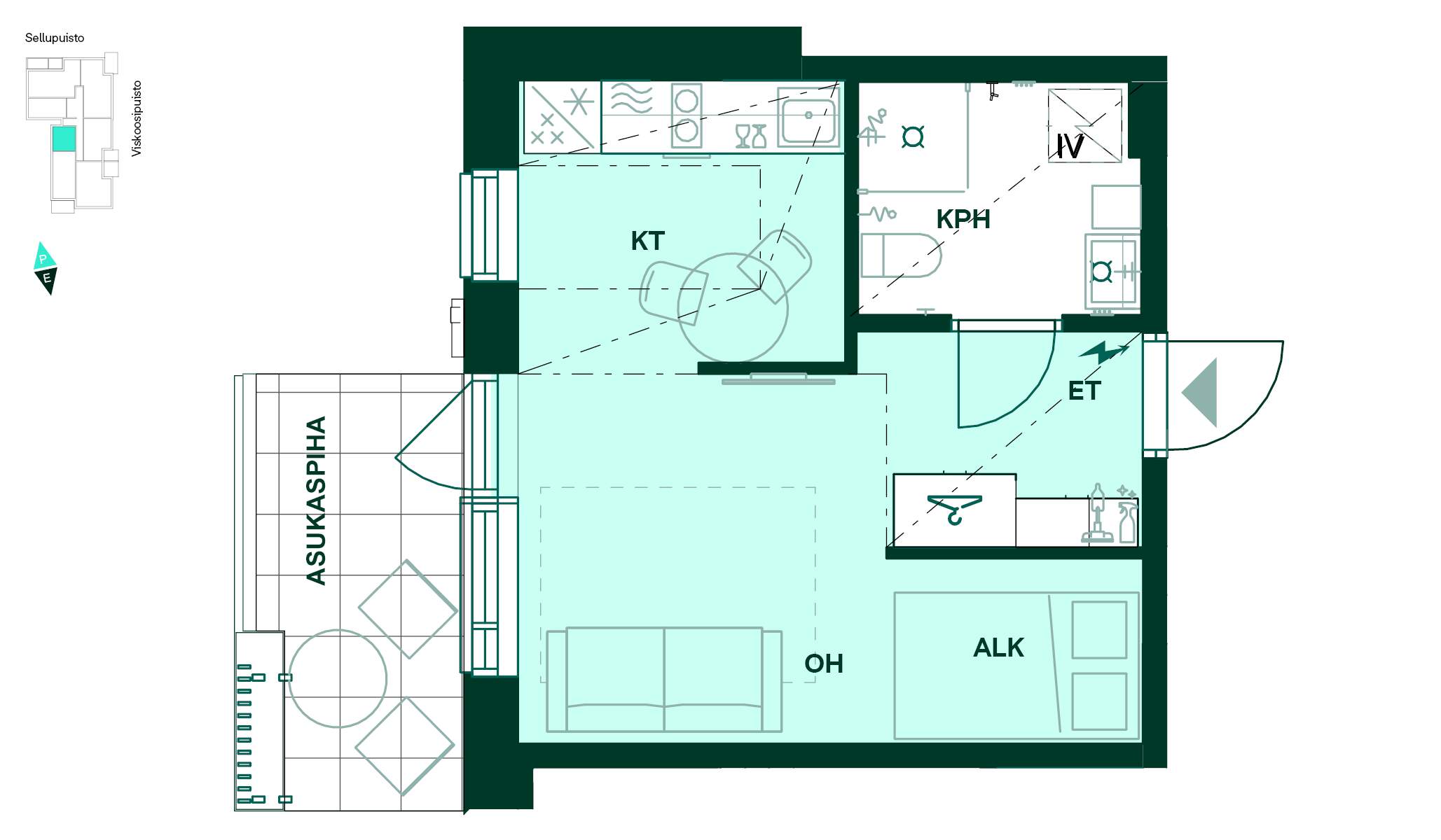 1h+kt, 28,0 m² – Kompakti yksiö, jossa alkovi ja oma pieni piha. Pohjapiirros - Pohjakuva 28 m² yksiöstä, jossa on keittotila, olohuone, alkovi, kylpyhuone, eteinen ja oma piha.