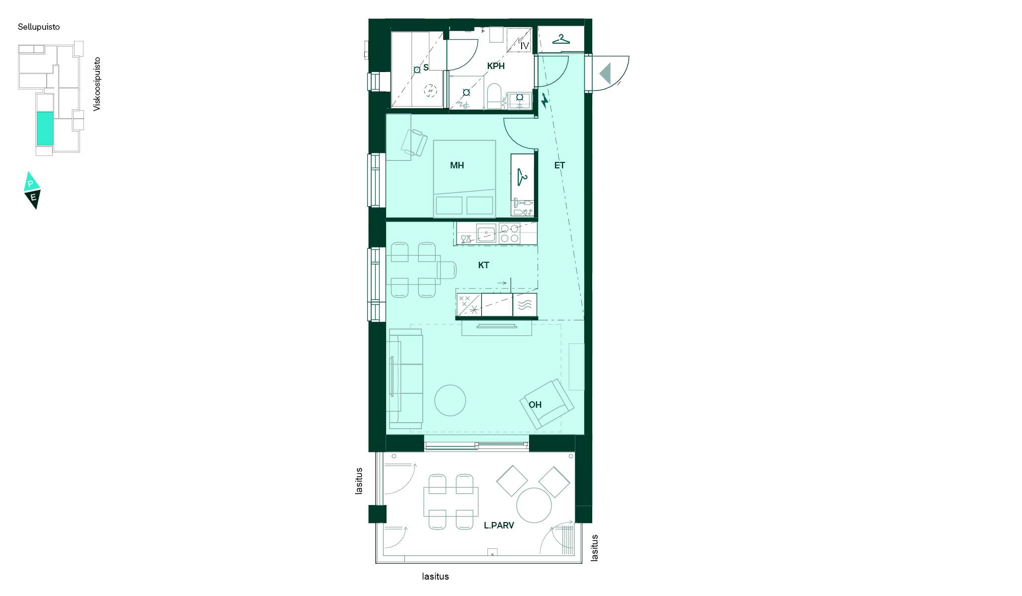 2h+kt+s, 54,5 m². Kaksio, jossa sauna ja lasitettu parveke. Pohjakuva 54,5 m² kaksiosta, jossa on keittotila, olohuone, makuuhuone, kylpyhuone, sauna ja eteinen sekä lasitettu parveke.