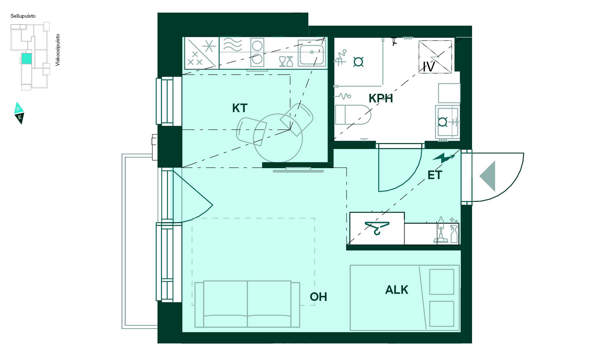 Pohjakuva 28 m² yksiöstä, jossa on keittotila, olohuone, alkovi, kylpyhuone ja ranskalainen parveke.