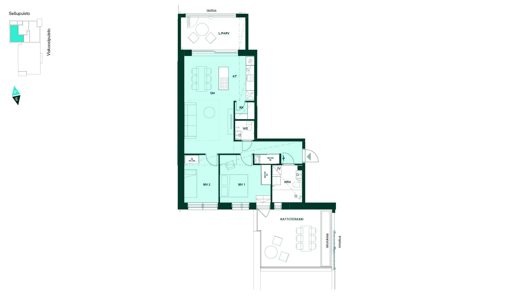 3h+kt, 68,5 m². Kolmio, jossa kaksi makuuhuonetta, lasitettu parveke ja kattoterassi. Pohjakuva 68,5 m² kolmiosta, jossa on keittotila, olohuone, kaksi makuuhuonetta, kylpyhuone ja erillinen wc sekä lasitettu parveke ja kattoterassi.