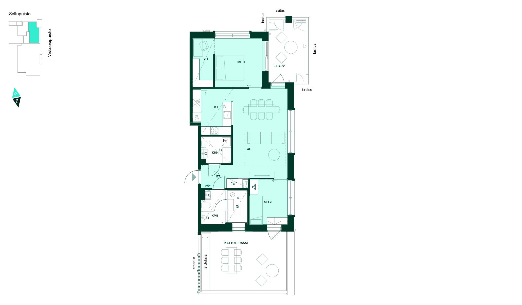 3h+kt+khh+s, 77,0 m². Kolmio, jossa sauna, kodinhoitohuone, lasitettu parveke ja kattoterassi. Pohjakuva 77 m² kolmiosta, jossa on keittotila, olohuone, kaksi makuuhuonetta, kylpyhuone, kodinhoitohuone ja sauna sekä lasitettu parveke ja kattoterassi.