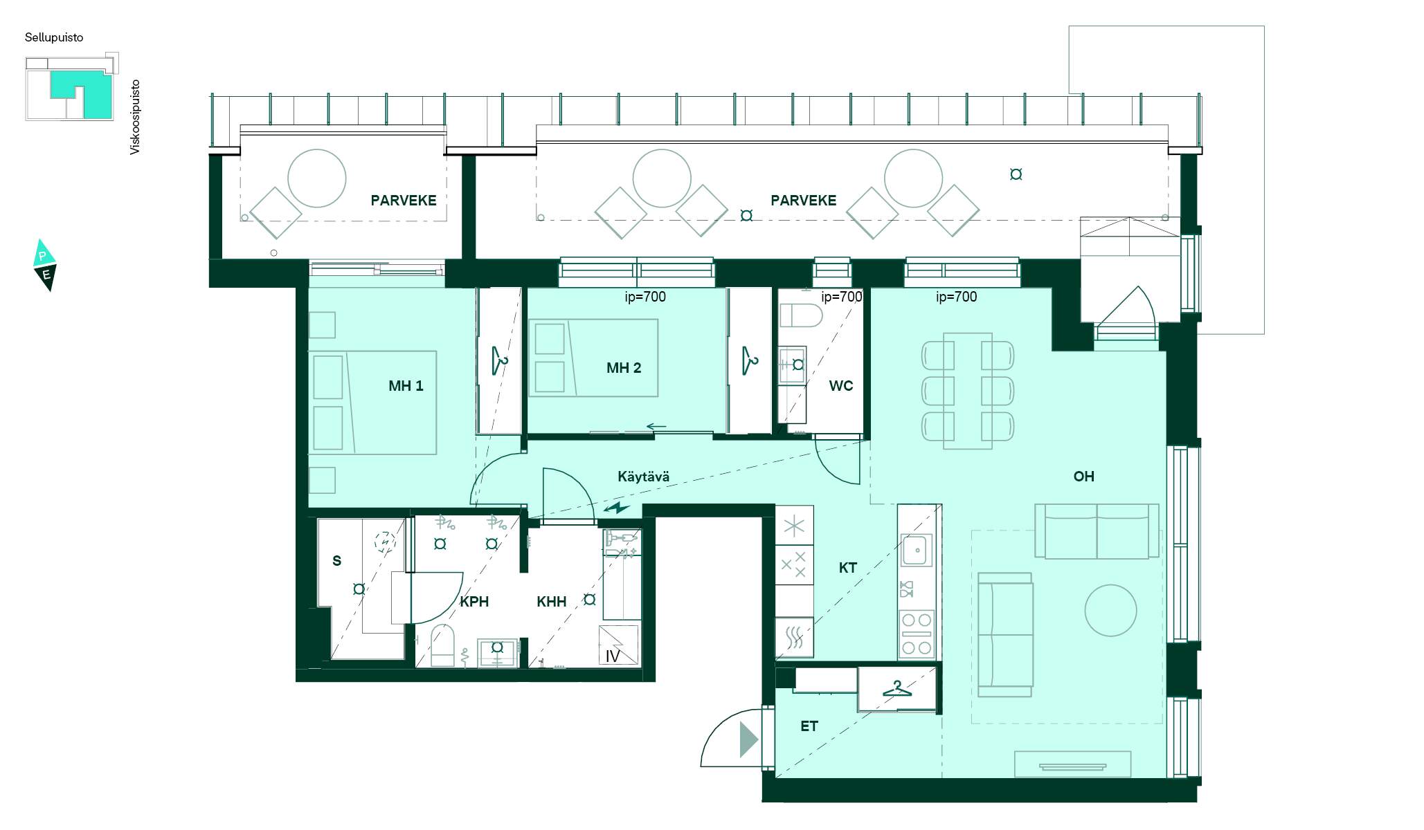 3–4h+kt+khh+s, 82,5 m². Kolmio ullakkokerroksessa, jossa sauna, kodinhoitohuone ja kaksi parveketta. Pohjakuva 82,5 m² kolmiosta, jossa on keittotila, olohuone, kaksi makuuhuonetta, kylpyhuone, kodinhoitohuone, sauna ja eteinen sekä kaksi parveketta.