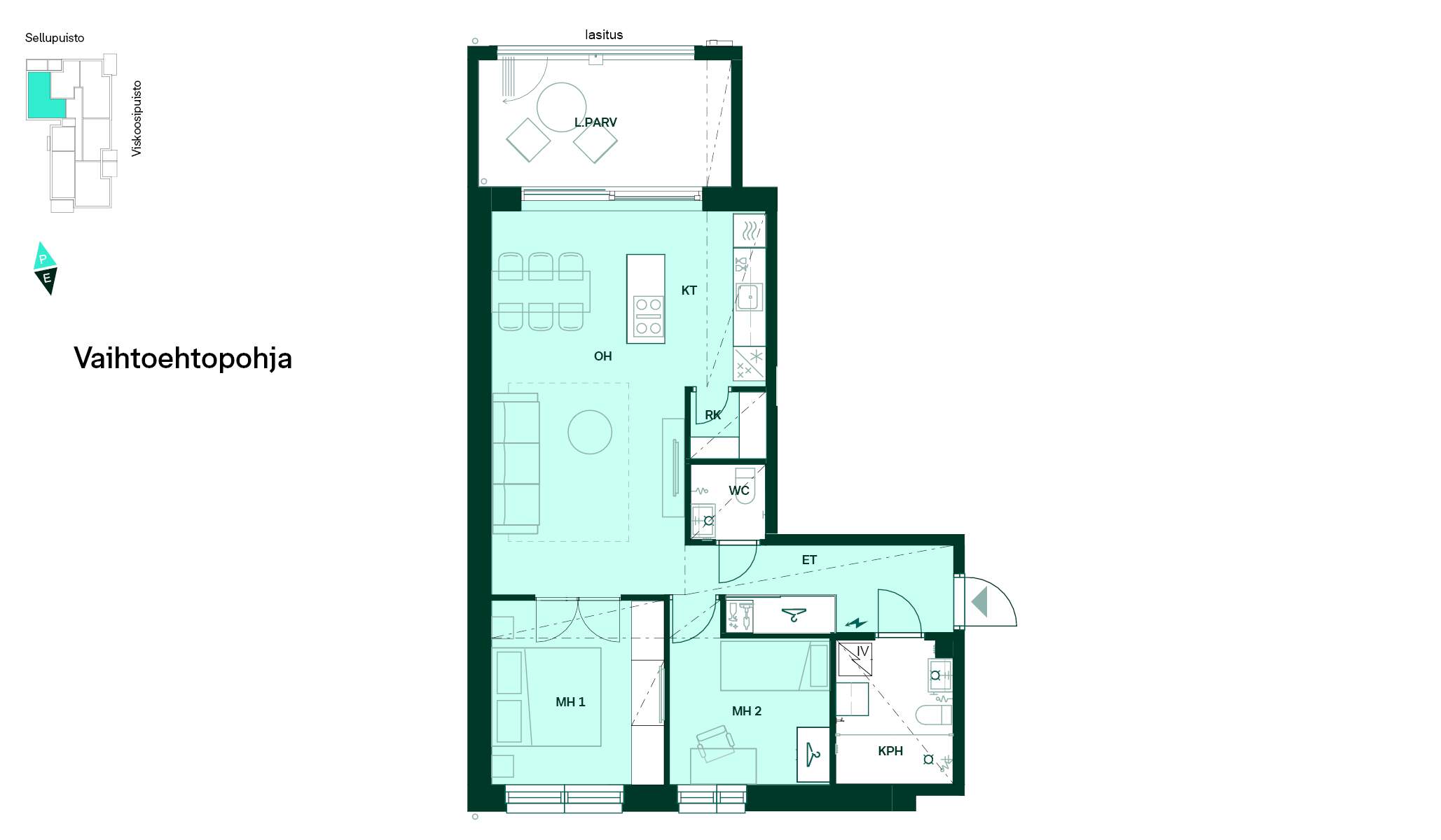 Pohjakuva 68,5 m² kolmiosta, jossa on keittotila, olohuone, kaksi makuuhuonetta, kylpyhuone ja erillinen wc sekä lasitettu parveke.