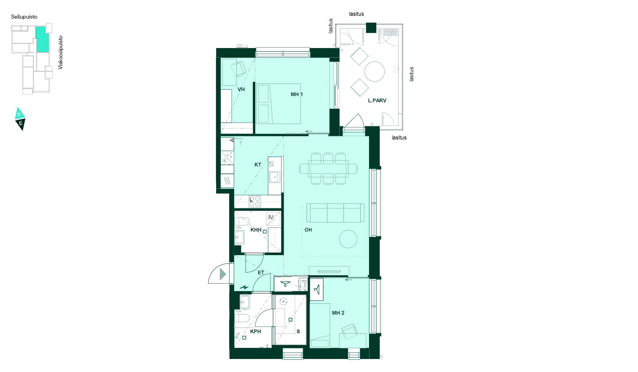 3h+kt+khh+s, 77,0 m². Kolmio, jossa sauna, kodinhoitohuone ja lasitettu parveke. Pohjapiirros - Pohjakuva 77 m² kolmiosta, jossa on keittotila, olohuone, kaksi makuuhuonetta, kylpyhuone, kodinhoitohuone, sauna ja vaatehuone sekä lasitettu parveke.