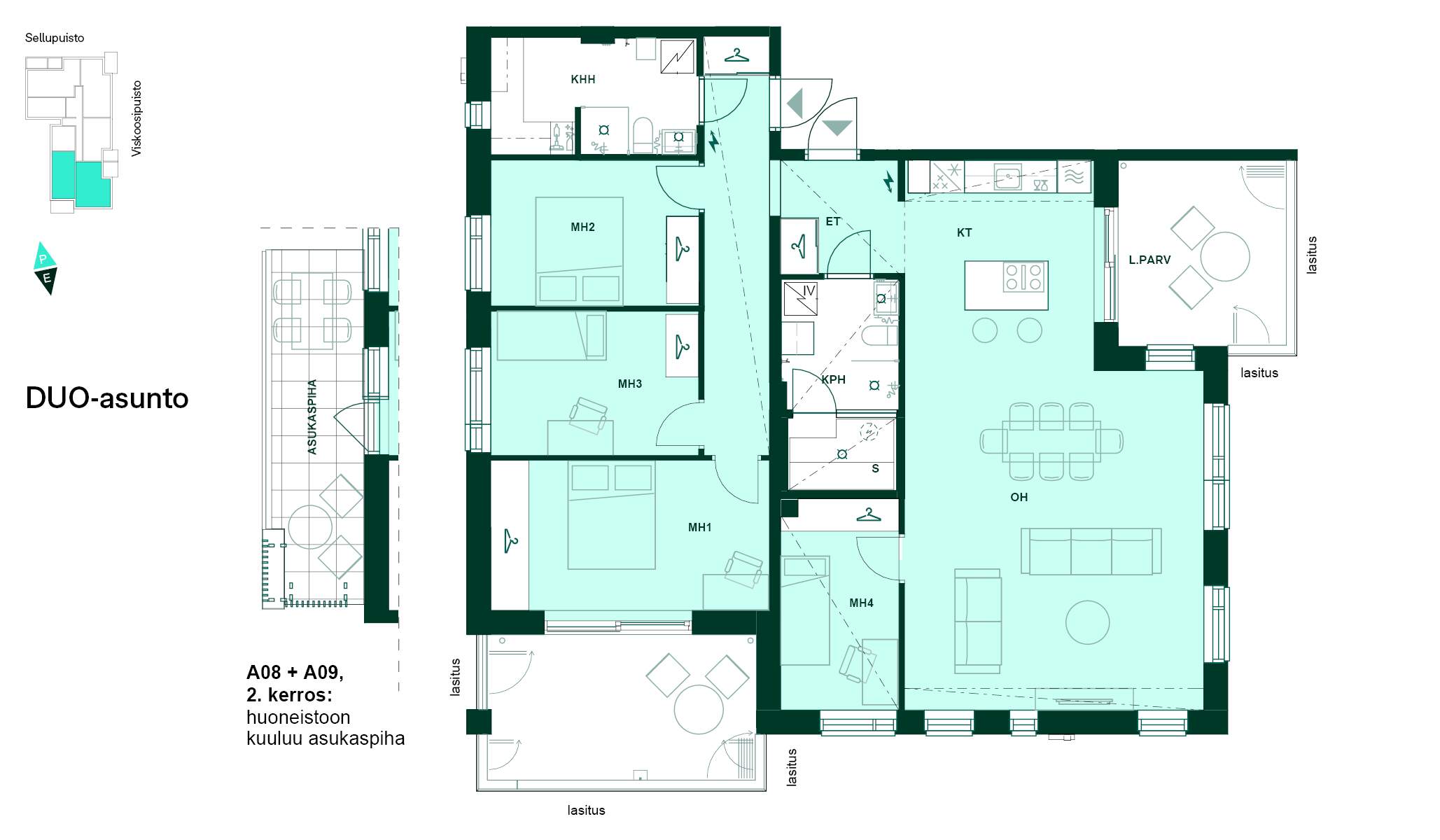 Duo-asunto: 5h+kt+s, 125,5 m² Pohjapiirros - Asunnon pohjapiirros: Neljä makuuhuonetta (MH1-MH4), olohuone (OH), keittiö (KT), kylpyhuone (KPH), kodinhoitohuone (KHH), sauna (S) ja lasitettu parveke.