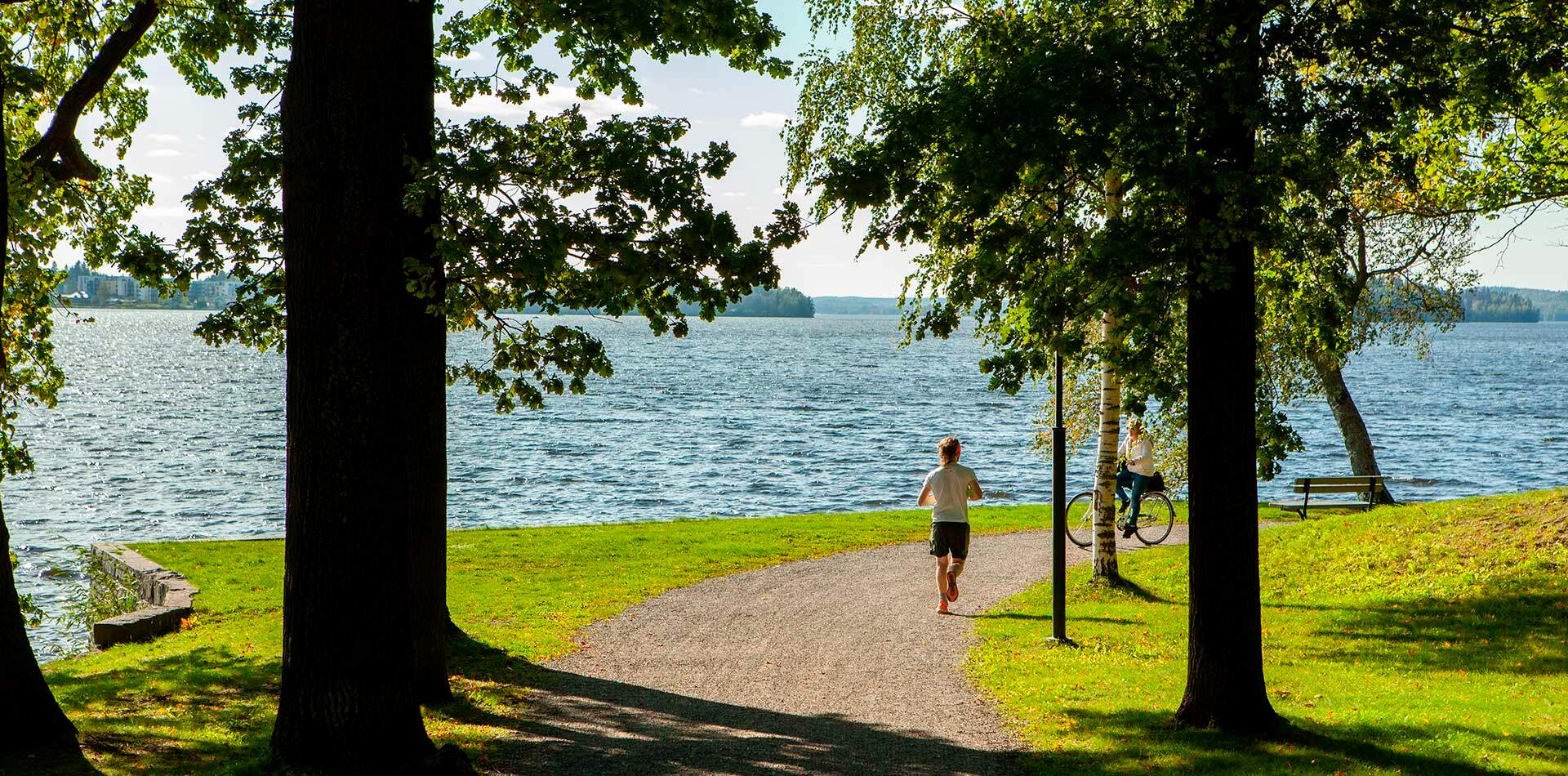 Valokuva - Puistossa on polku veden äärellä. Juokseva henkilö ja pyöräilevä henkilö näkyvät puiden varjossa järven rannalla.